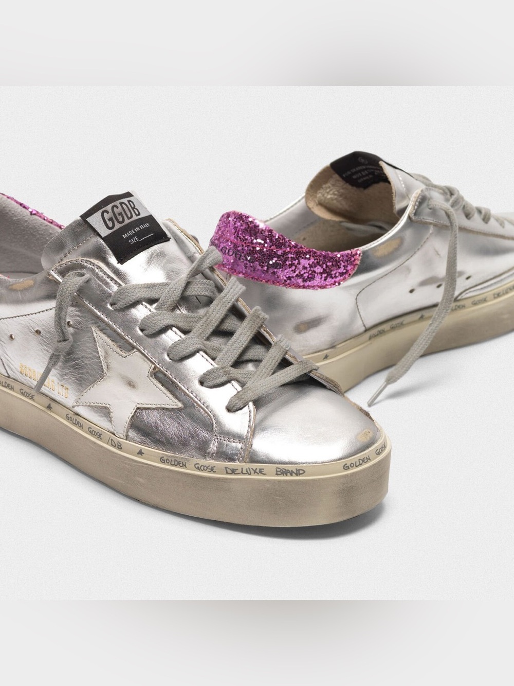 Golden Goose Hi Star Silver Leather Pink Glitter Heel Low Top Sneakers Shoes - Picture 1 of 14